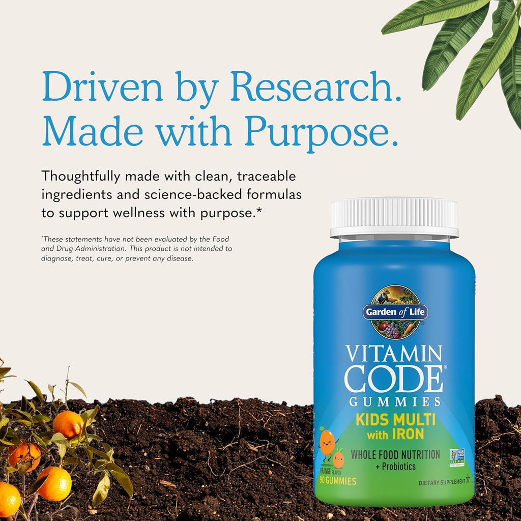 Garden of Life Vitamin Code Kids Multivitamin Gummies with Iron and Probiotics for Immune Health, Digestive Support & Energy Support, Vegan, Gluten-Free, Non-GMO, Orange Flavor, 90 Gummies