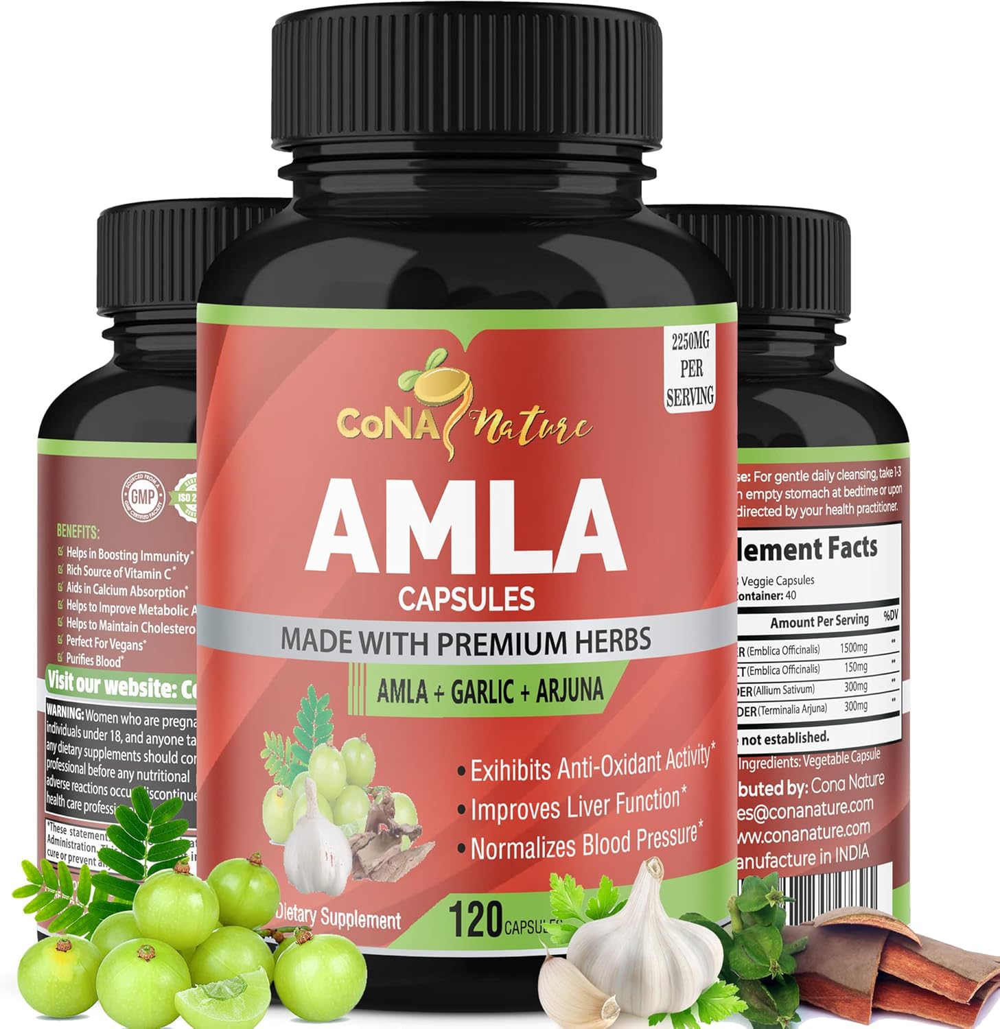 Cápsulas de Amla Orgánico 2250mg con Arjuna y Ajo | Cona Nature