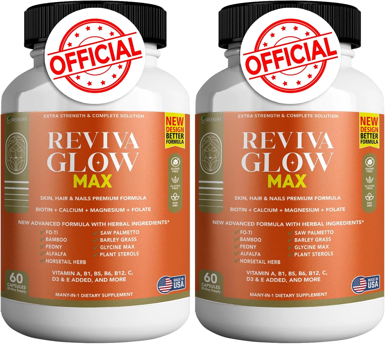 Reviva Glow Max - Apoyo para Cabello, Piel y Uñas | Biotina, Calcio, Magnesio, Folato y Mezcla de Hierbas | 120 Cápsulas, Vegano y Sin Gluten
