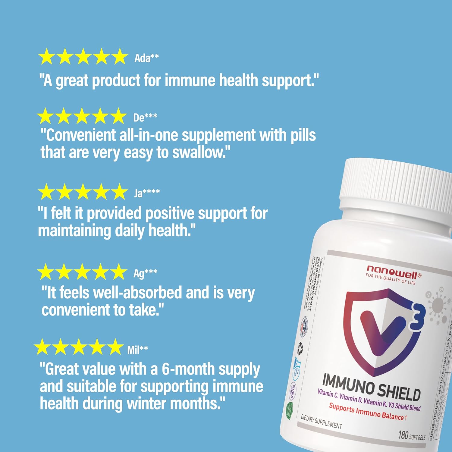 NANOWELL V3 IMMUNO Shield - Apoyo Inmunitario con Vitaminas C, D3, K y Zinc (360 Cápsulas Blandas)