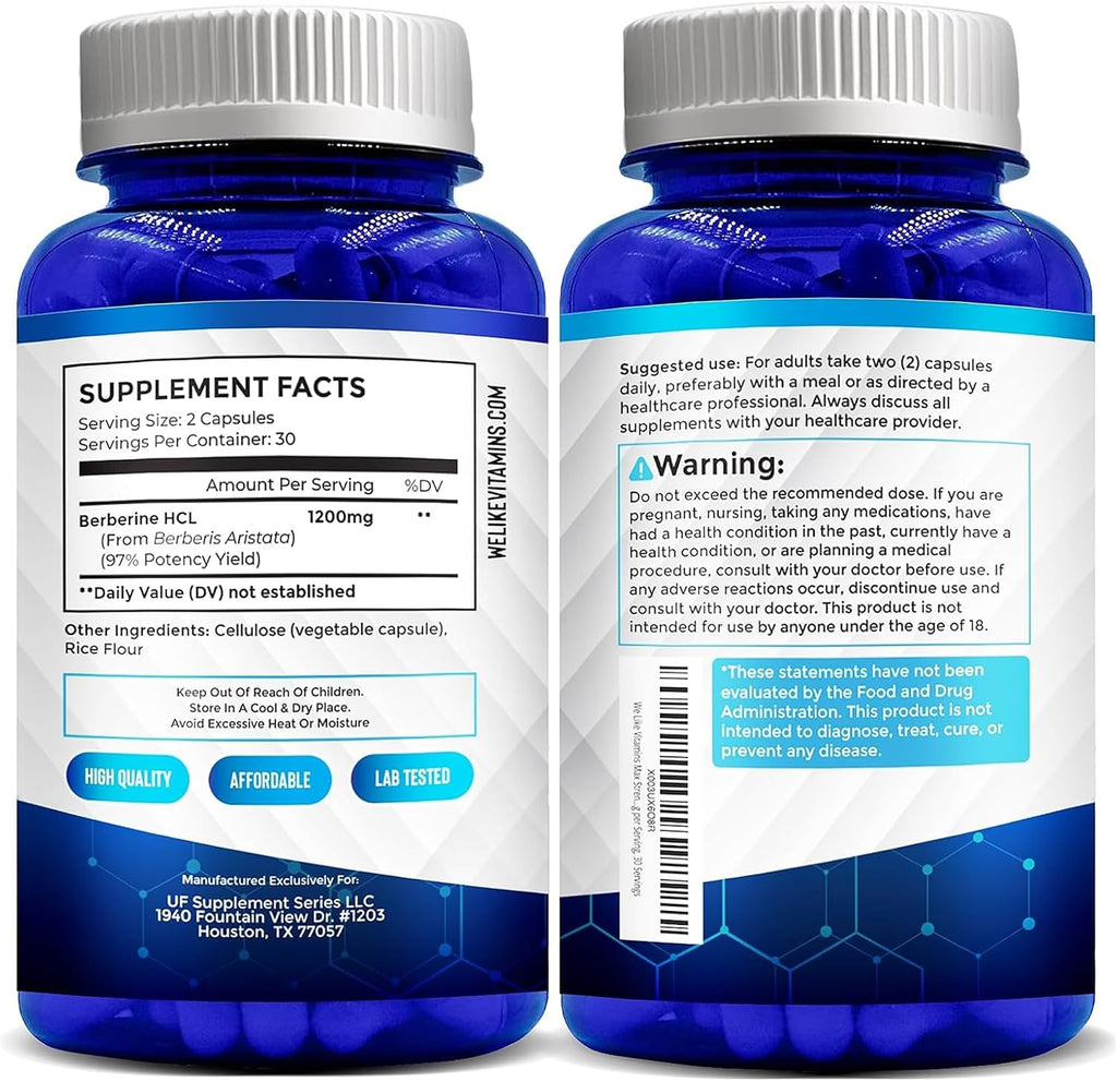 Berberine HCL 1200mg, 60 Cápsulas Vegetarianas - Certificado NSF - WeLikeVitamins
