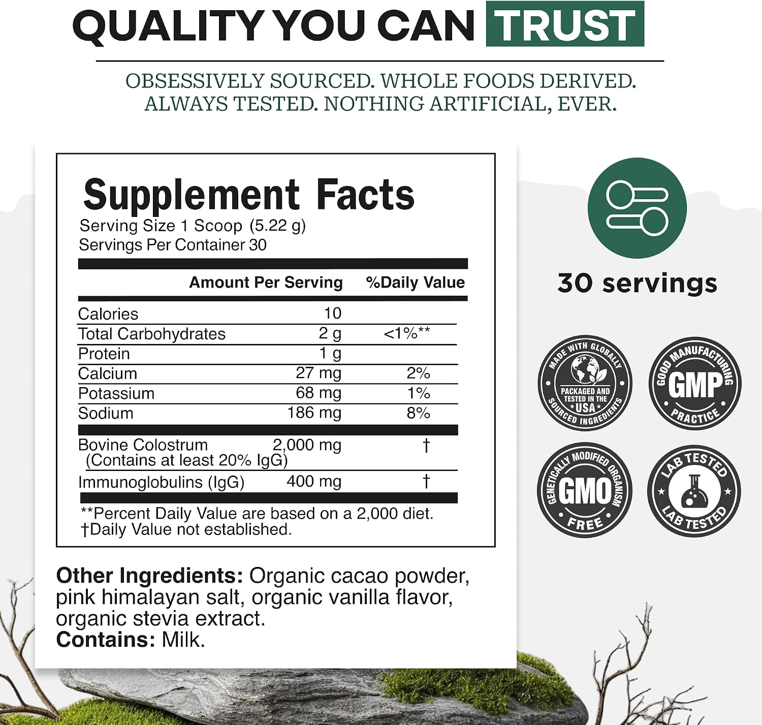 Suplemento de Calostro Bovino Puro de Pasto - 2000 mg y 400 mg de IgG - Sin Azúcar, Sabor Cacao Natural - 30 Raciones