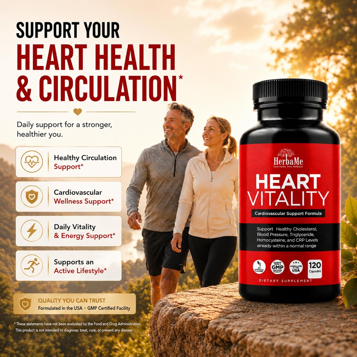 HerbaMe Heart Support – Suplemento para el Corazón con L-Arginina, Citrulina y CoQ10, 120 Cápsulas