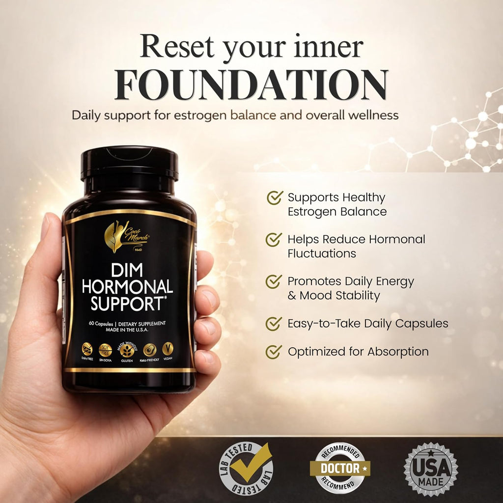 Cocó March DIM Suplemento para Mujeres – Apoya el Equilibrio Hormonal, Cuidado de la Piel y Metabolismo Natural del Estrógeno – Desintoxicación y Salud Celular – Sin Gluten, Sin Soja, Sin Lácteos, Vegano y Keto – 60 Cápsulas