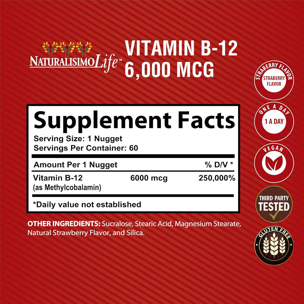 NaturalisimoLife Vitamina B12 6000 mcg – Nuggets de disolución rápida sabor fresa – 60 nuggets, Vegano, Sin Gluten