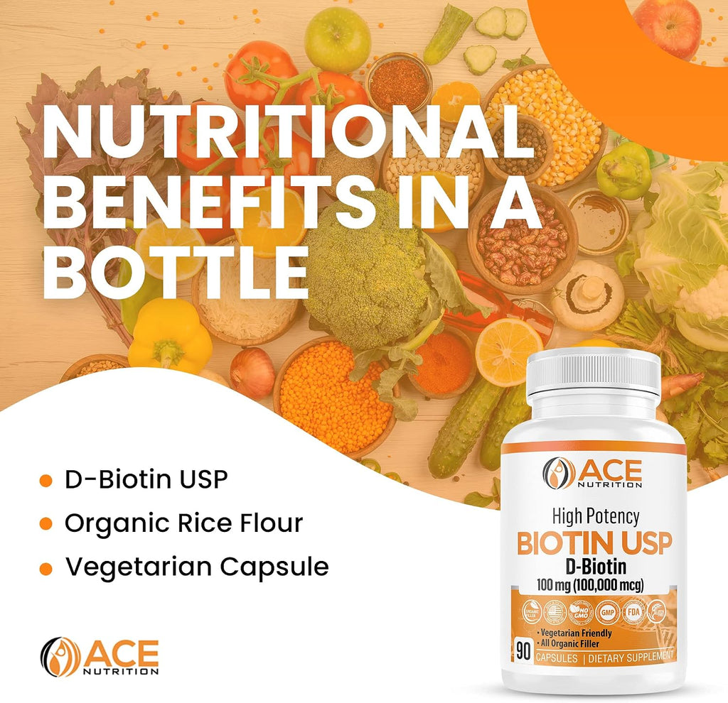 Biotina de Alta Potencia USP (D-Biotina 100.000 mcg) - Cápsulas Vegetales para Cabello, Piel y Sistema Nervioso