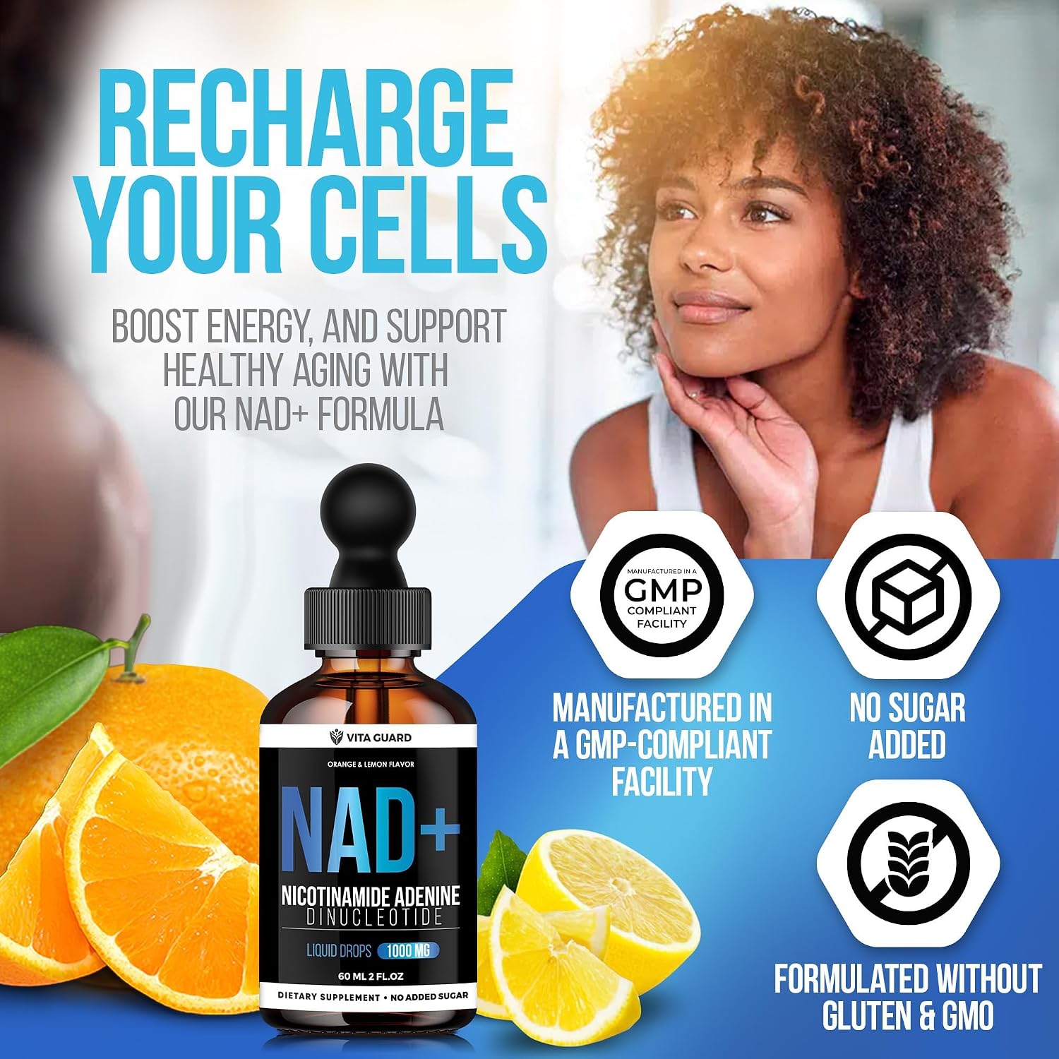 Vita Guard Pure NAD+ Líquido Gotas 1000mg - Fórmula de Nicotinamida - Vegano y No OGM - Sabor Natural a Limón y Naranja