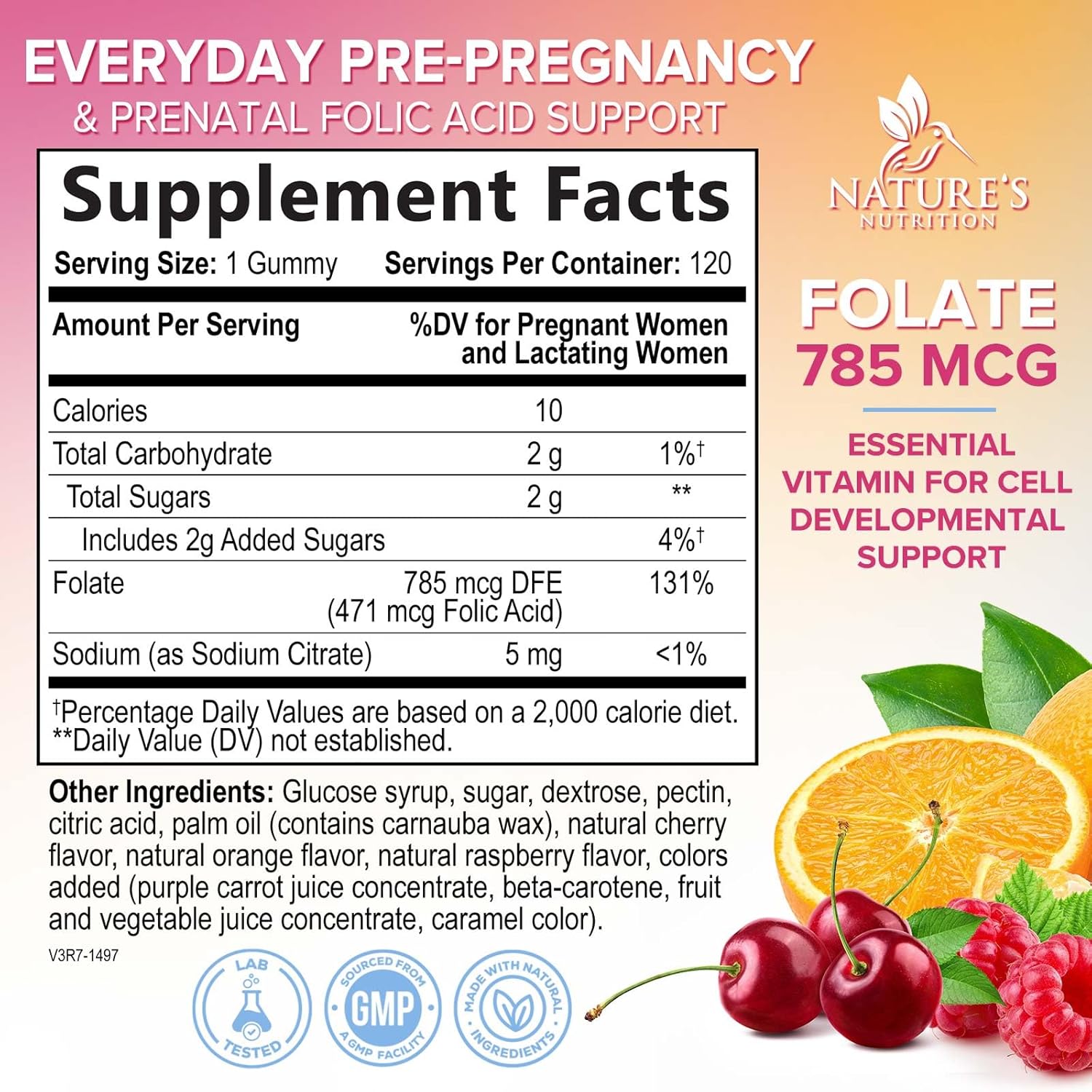 Nature's Nutrition Gominolas de Ácido Fólico - 785 mcg de Folato - Vitaminas Prenatales - 120 Gominolas de Naranja, Cereza y Uva
