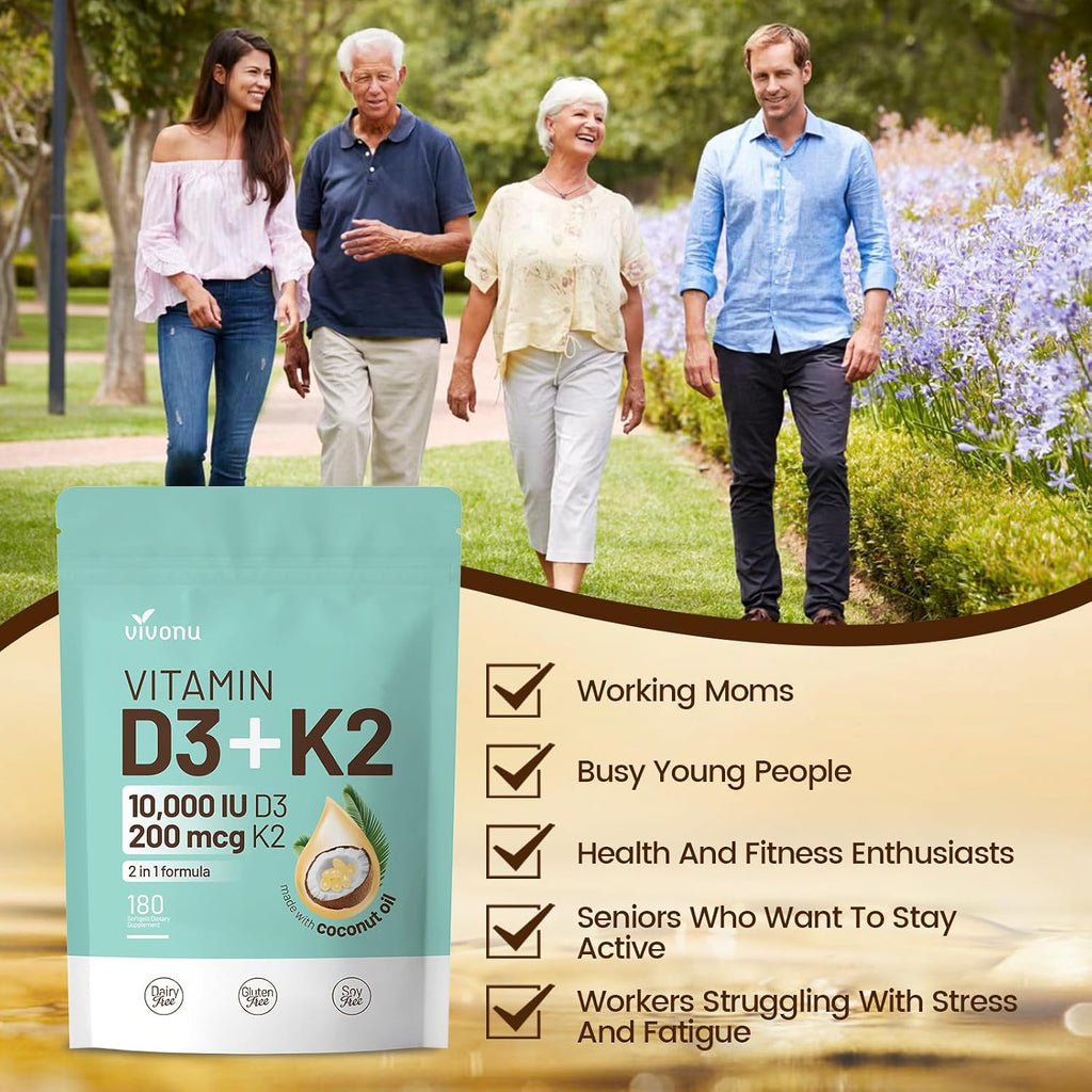 VivoNu Vitamina D3 K2 10000 UI con MK-7 y Aceite de Coco Virgen - 300 Cápsulas Blandas