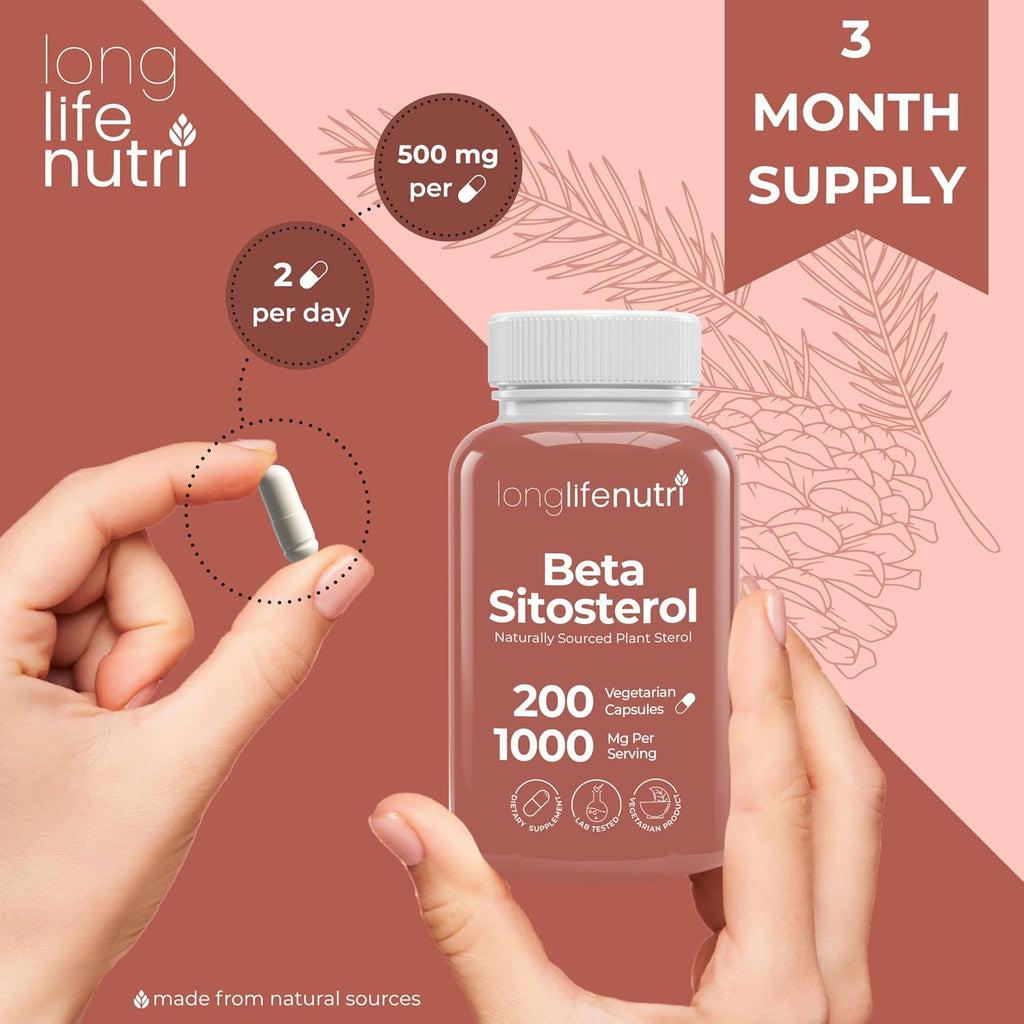 LongLifeNutri Beta Sitosterol 1000mg - Suplemento de Fitoesteroles, 200 Cápsulas Vegetarianas