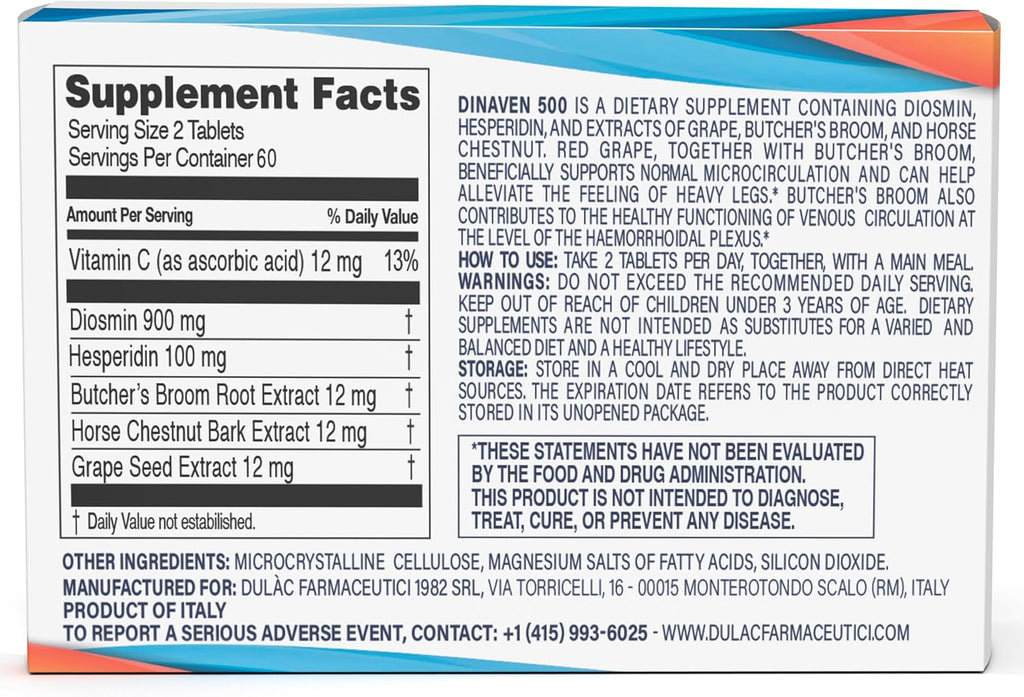 Dulac Dinaven 500 - Suplemento Dietético con Diosmina Micronizada y Hesperidina - 120 Comprimidos