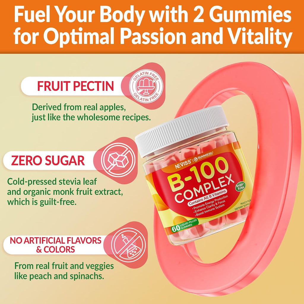 2 Pack Super Vitamin B Complex Gummies - Complejo B Metilado para Mujeres y Hombres, Todas las Vitaminas B, Metil B12, Metilfolato, Vitamina C, Colina, Inositol, PABA - Energía, Cerebro e Inmunidad, 0g Azúcar, Vegano