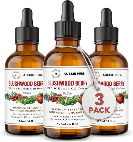 Aussie Pure Blushwood Berry EBC-46 Tintura de Máxima Potencia - Extracto de Fruta y Semilla - Fórmula Sin Alcohol a Base de Glicerina - Tres Botellas de 120 ml