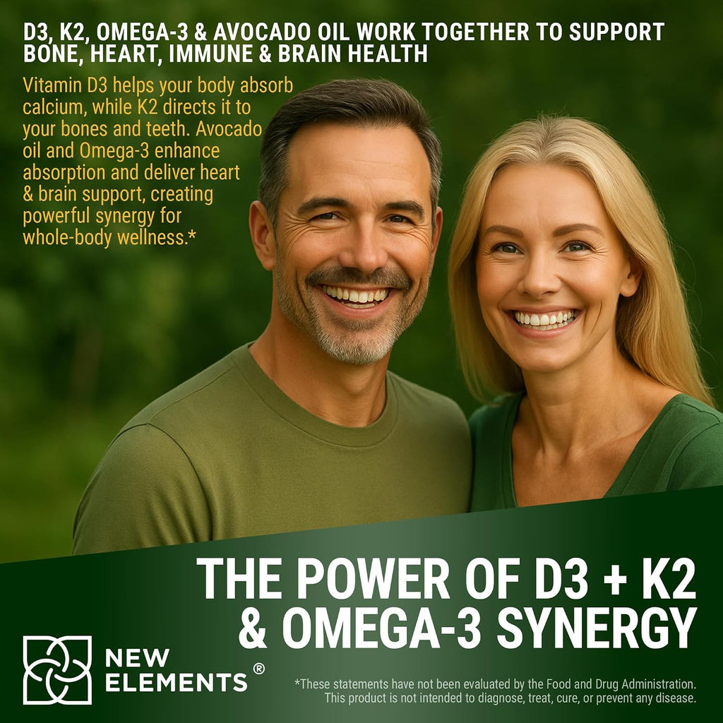 New Elements Liquid Vitamin D3 + K2 Drops 10,000 IU with Omega-3 – Alta Absorción | Base de Aceite de Aguacate Puro | No Transgénico – 60 ml
