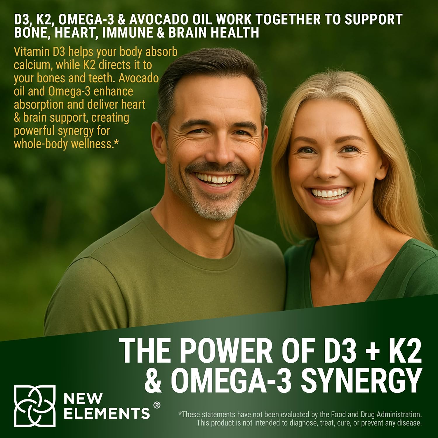New Elements Liquid Vitamin D3 + K2 Drops 10,000 IU with Omega-3 – Alta Absorción | Base de Aceite de Aguacate Puro | No Transgénico – 60 ml