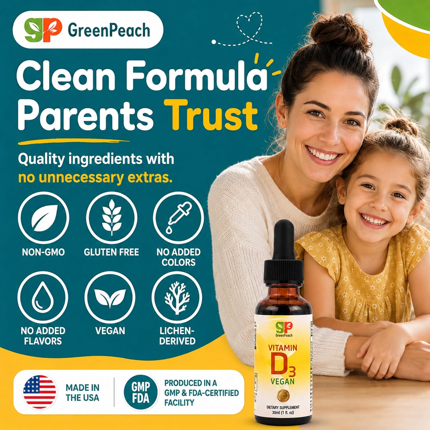 GreenPeach Vitamina D3 Líquida Vegana - Gotas de 400 a 2000 UI para Bebés y Niños