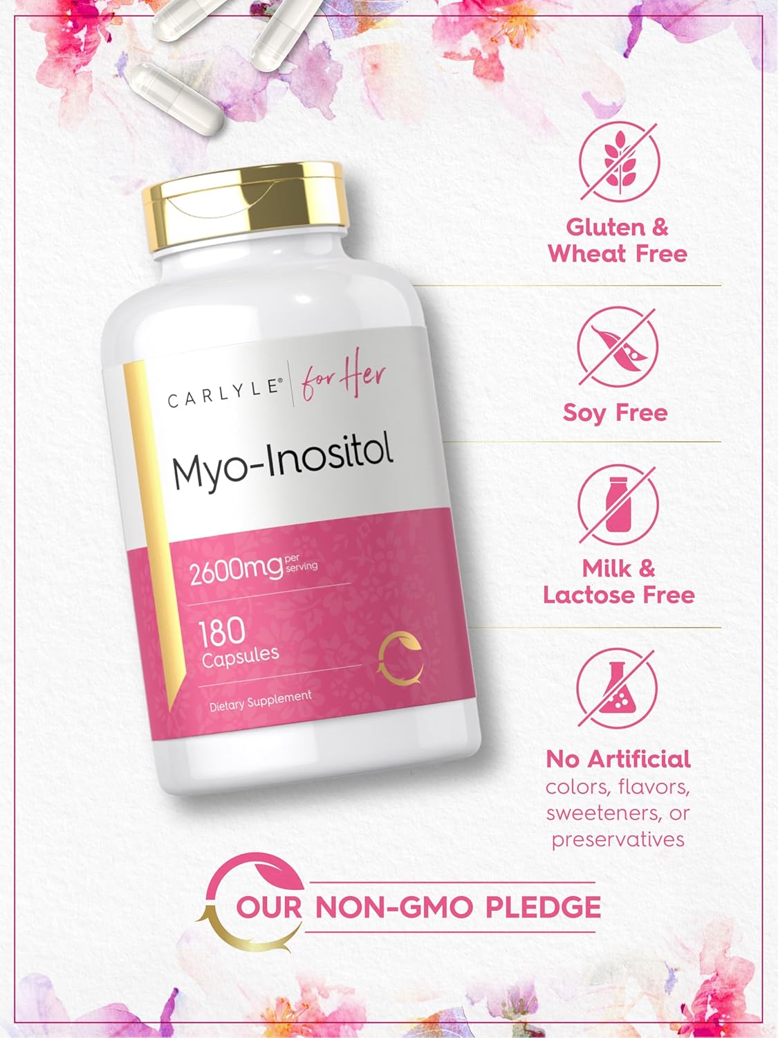 Carlyle Myo-Inositol 2600 mg - 180 Cápsulas - Suplemento para Mujer - No Transgénico, Sin Gluten