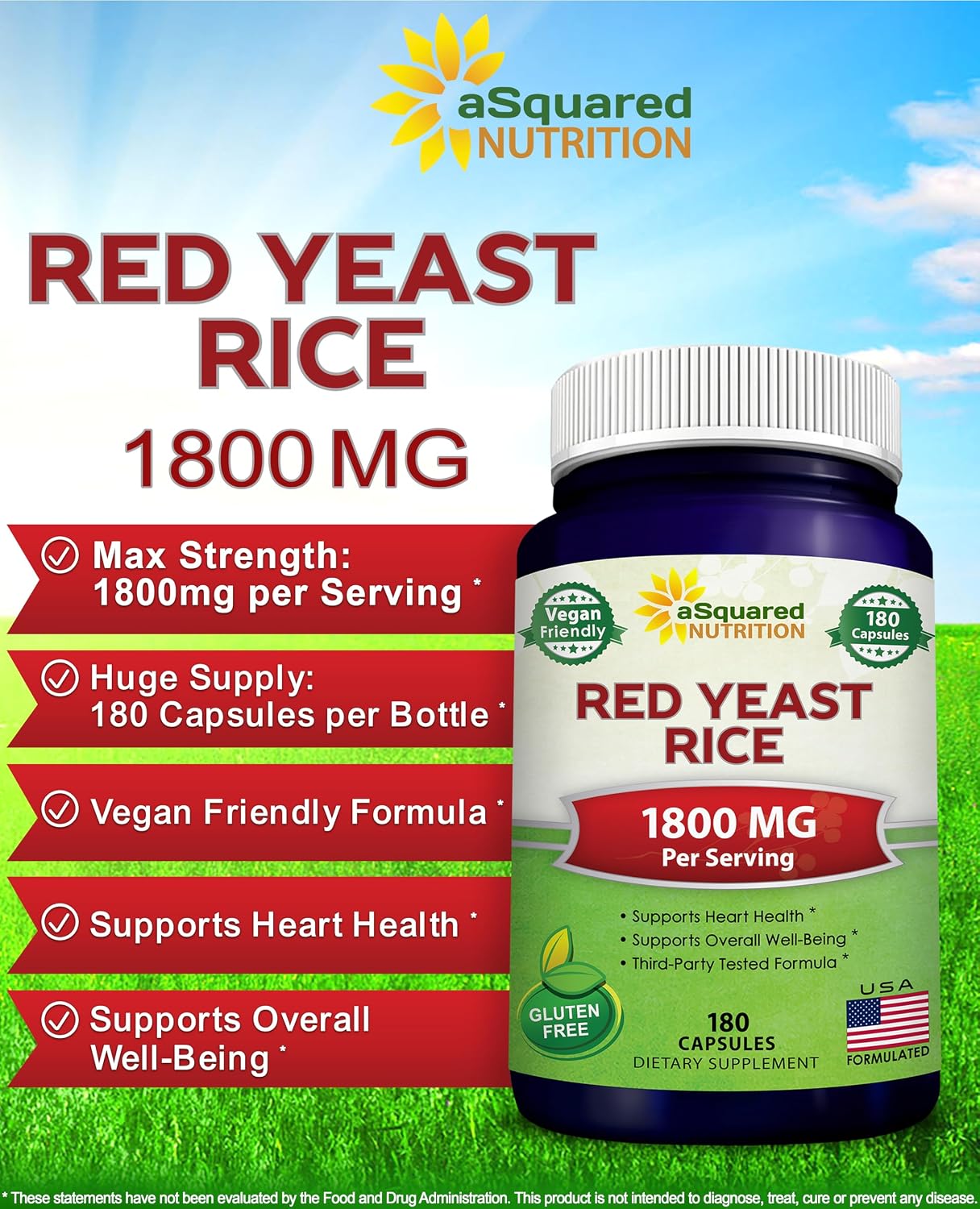 aSquared Nutrition Red Yeast Rice 1800mg - 180 Vegetarian Capsules