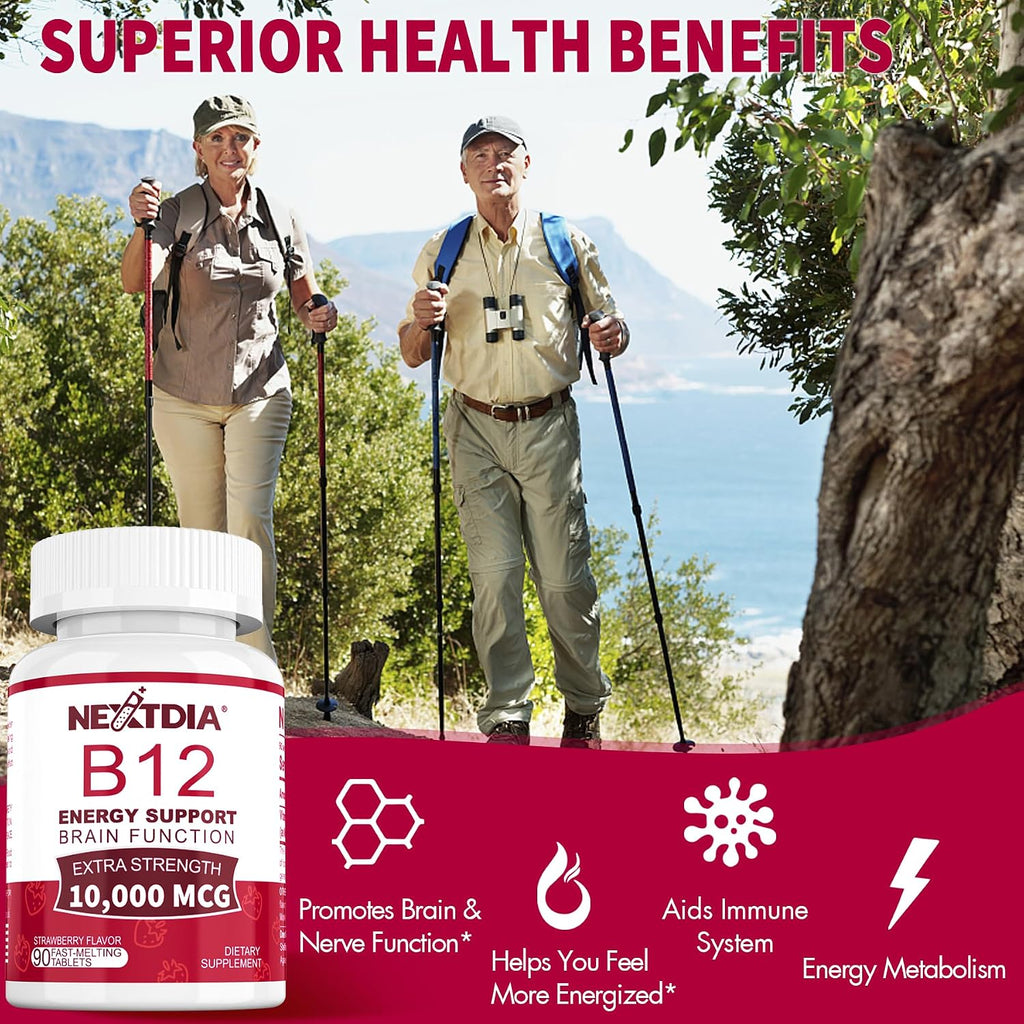 Vitamina B12 Metilcobalamina 10000 mcg – 90 Comprimidos Sublinguales Sabor Fresa – Vegano, Sin Gluten