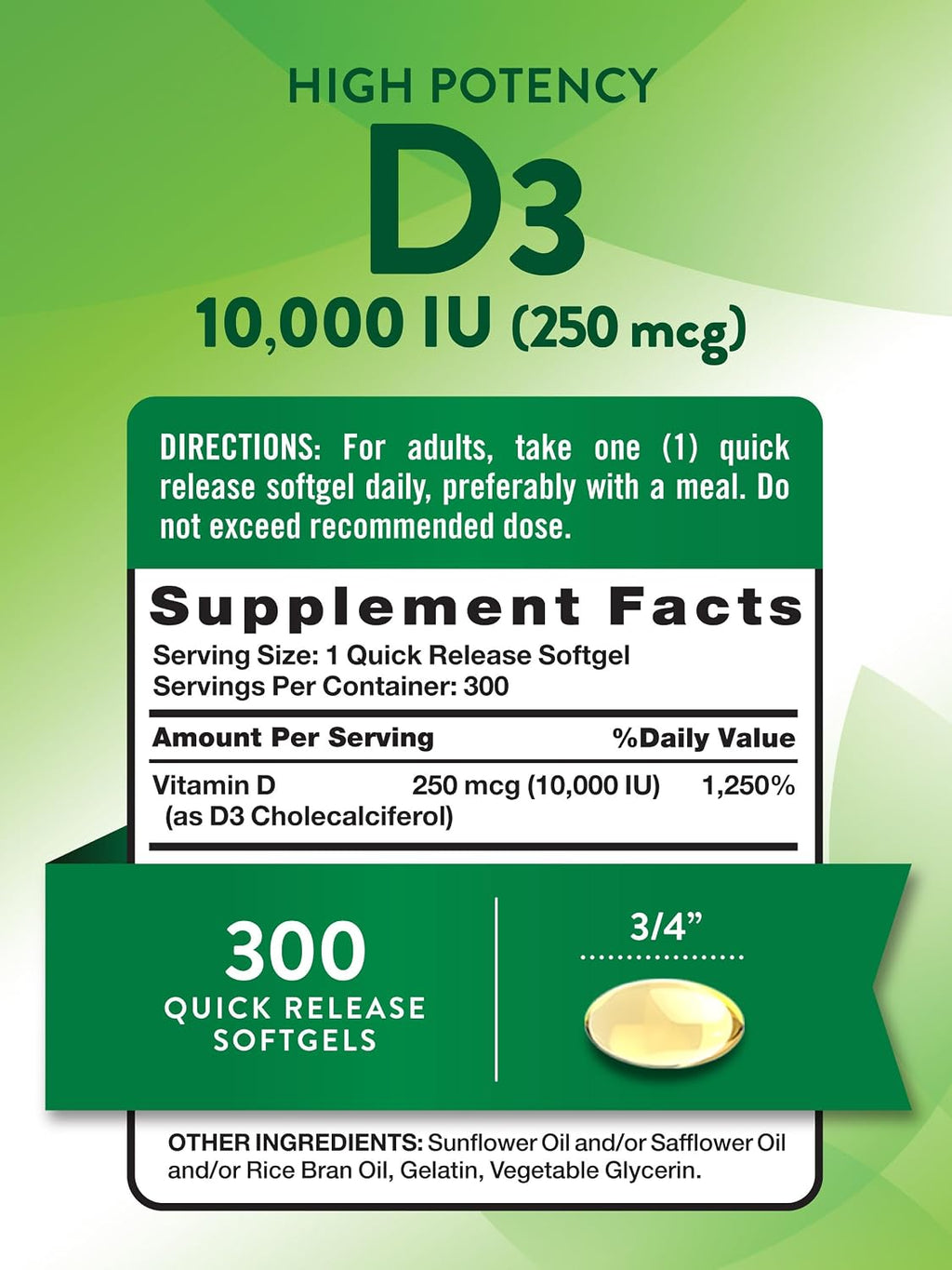 Nature's Truth Vitamina D3 10000 UI Cápsulas Blandas | 300 Unidades | Alta Concentración | No-GMO y Sin Gluten