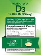 Nature's Truth Vitamina D3 10000 UI Cápsulas Blandas | 300 Unidades | Alta Concentración | No-GMO y Sin Gluten