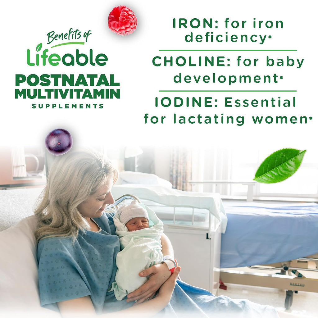 Lifeable Multivitamínico Postnatal con Hierro, Colina y Yodo | Vitaminas Postnatales para Mujeres en Lactancia | Gomitas Vegetarianas No-GMO | 90 Gomitas