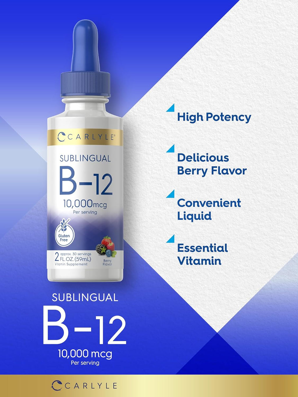 Carlyle Vitamina B12 Sublingual Líquida – 10.000 mcg – 60 ml – Cianocobalamina y Metilcobalamina – Sin Gluten y No-GMO