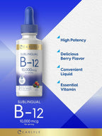 Carlyle Vitamina B12 Sublingual Líquida – 10.000 mcg – 60 ml – Cianocobalamina y Metilcobalamina – Sin Gluten y No-GMO