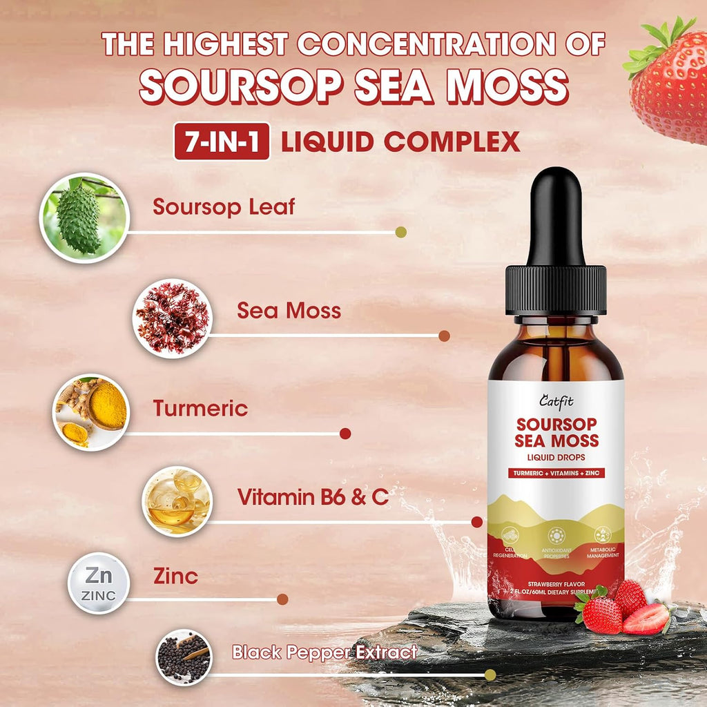 Catfit Soursop Graviola Liquid Drop – Gotas Líquidas de Guanábana con Musgo Marino, Cúrcuma y Zinc, Sabor Fresa, 60 ml