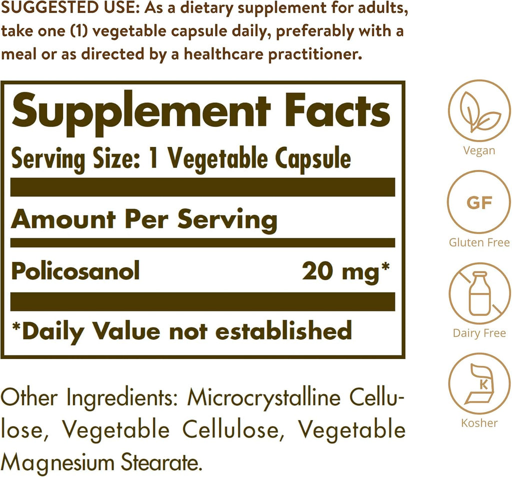 Solgar Policosanol 20 mg, 100 Cápsulas Vegetales - Apoyo Cardiovascular