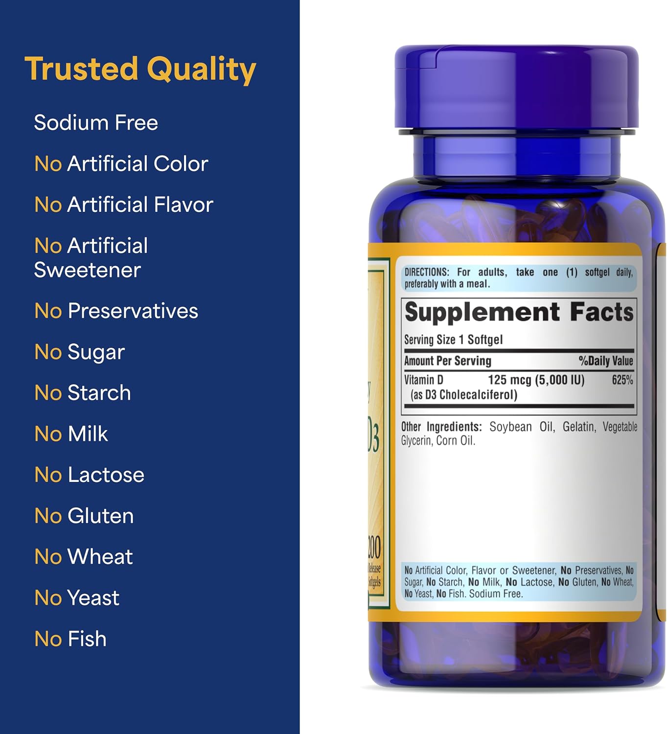 Puritan's Pride Vitamin D3 5000 IU Mega Strength 200 Softgels