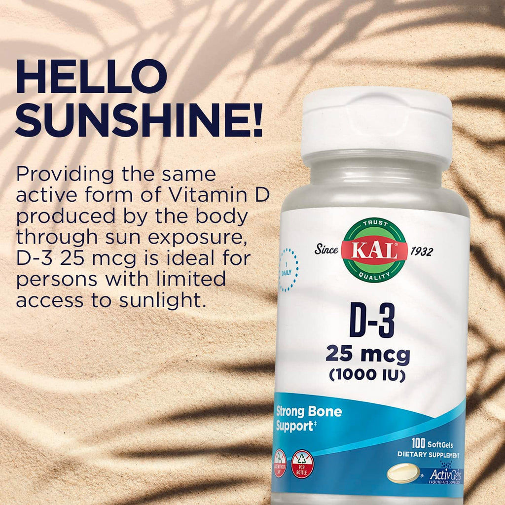 KAL Vitamina D3 1000 UI (25 mcg) – 100 Cápsulas Blandas