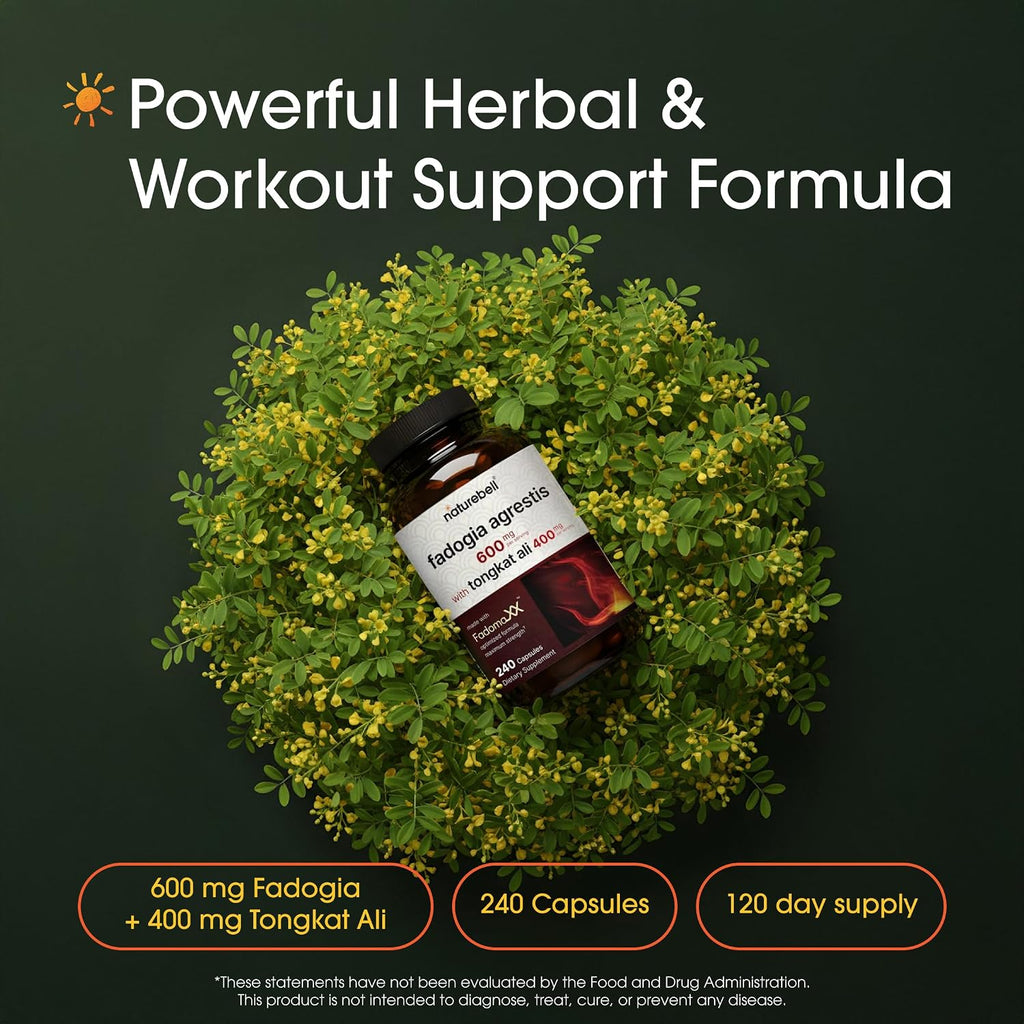 NatureBell Fadogia Agrestis 600mg & Tongkat Ali 400mg - 240 Cápsulas (Suministro 4 Meses) - Suplemento de Alta Potencia para Energía, Vitalidad y Apoyo al Entrenamiento - No GMO, Sin Gluten