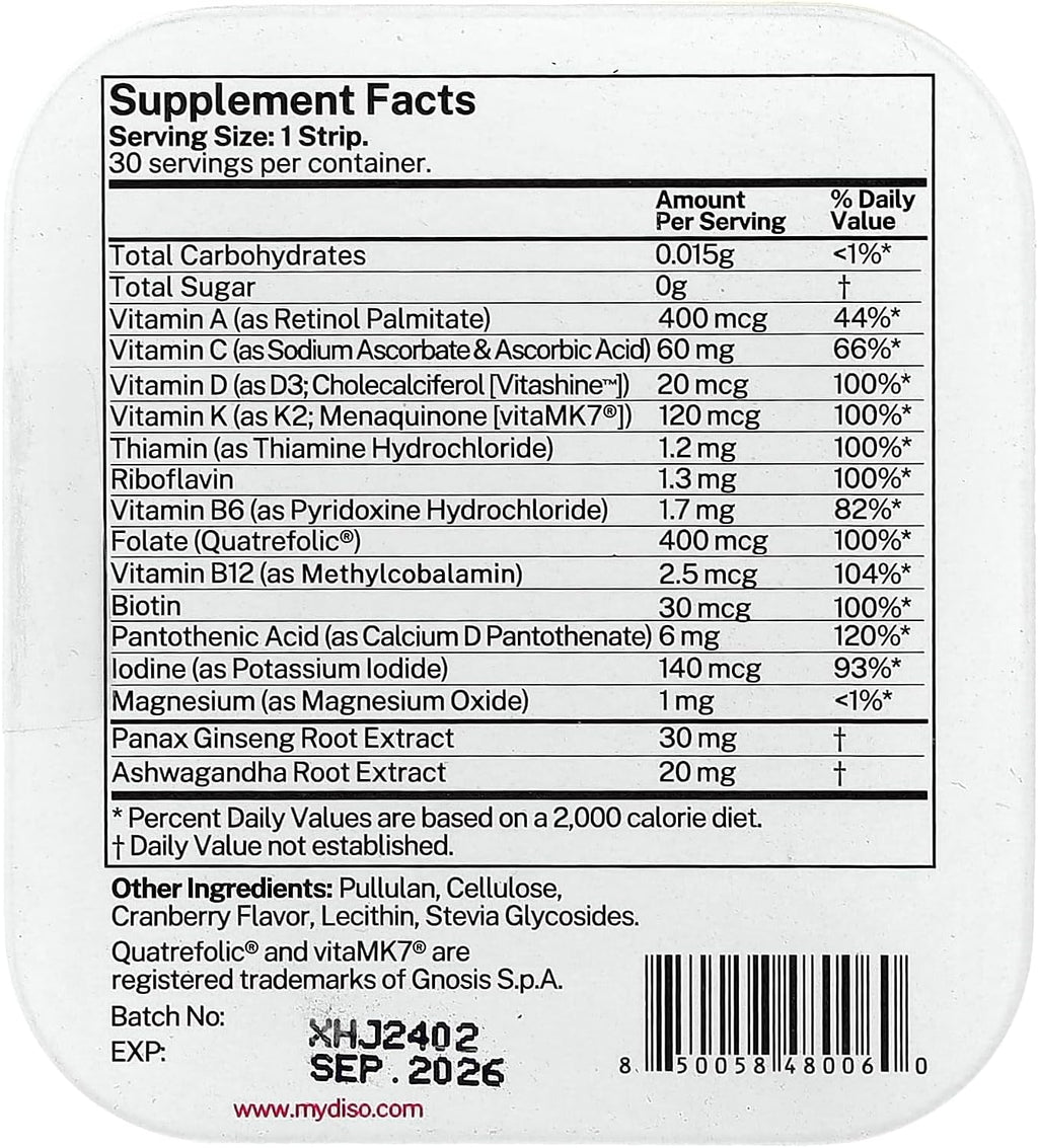DISO M-VIT Multivitamínico en Tiras Orales de Rápida Disolución, Sabor Arándano, Vegano, Sin Azúcar, Sin Gluten, 30 Tiras