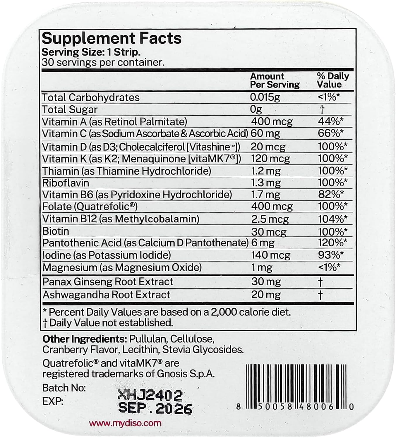 DISO M-VIT Multivitamínico en Tiras Orales de Rápida Disolución, Sabor Arándano, Vegano, Sin Azúcar, Sin Gluten, 30 Tiras