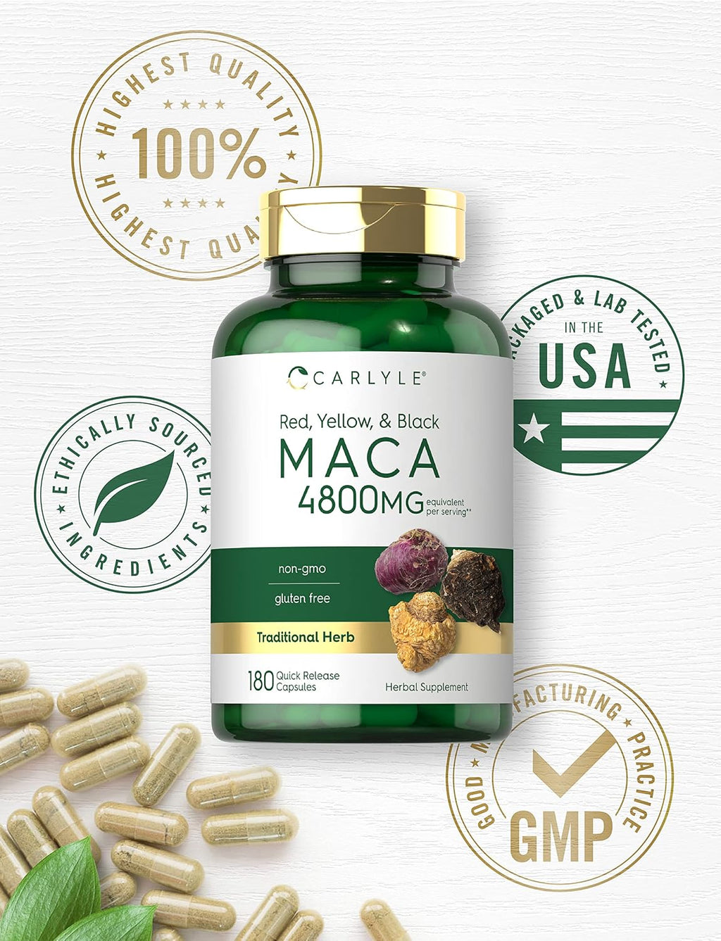 Cápsulas de Raíz de Maca Carlyle - 180 Cápsulas - Extracto de Alta Potencia - Sin Gluten y No GMO