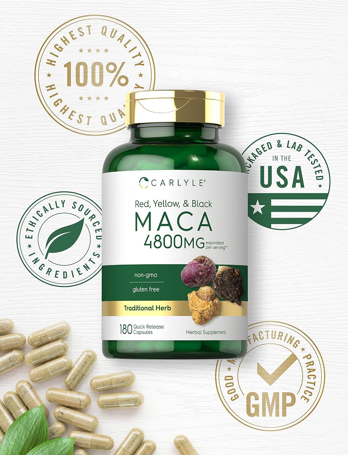 Cápsulas de Raíz de Maca Carlyle - 180 Cápsulas - Extracto de Alta Potencia - Sin Gluten y No GMO