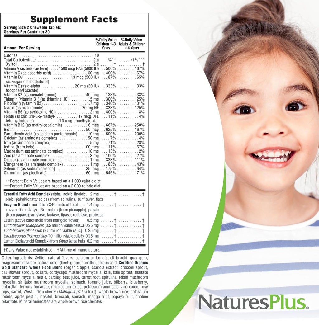 NaturesPlus Animal Parade Source of Life Gold Multivitamínico Infantil Masticable - 60 Comprimidos Sabor Cereza, Naranja y Uva