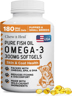Chew + Heal Labs Aceite de Pescado Omega 3 para Perros Pequeños y Cachorros - 180 Mini Cápsulas Blandas - 300mg Aceite de Salmón Salvaje - EPA y DHA