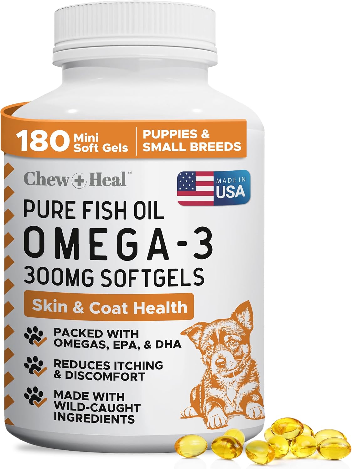 Chew + Heal Labs Aceite de Pescado Salvaje Omega 3 para Perros - 360 Mini Cápsulas Blandas de 300mg para Piel y Pelo Saludables