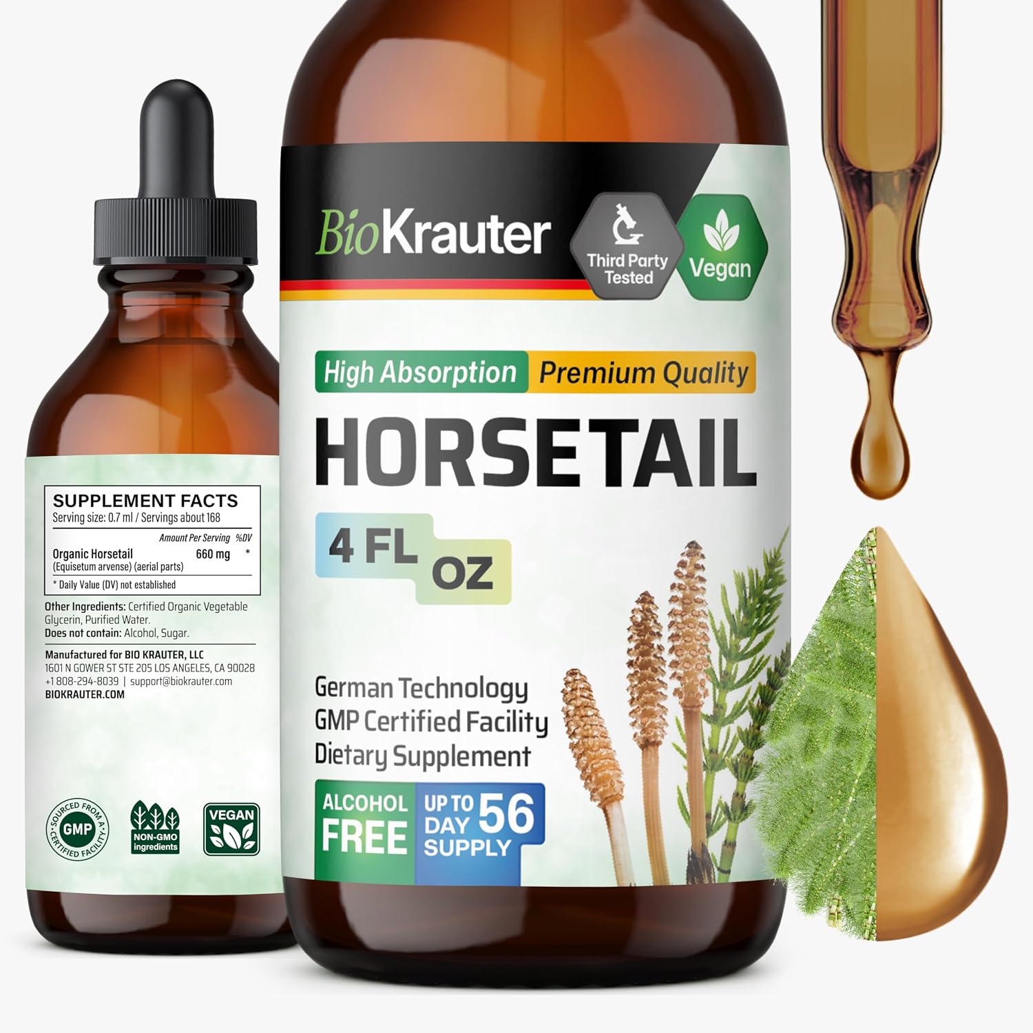 BIO KRAUTER Cola de Caballo Líquido – Suplemento para Cabello, Piel y Uñas – 660 mg por Ración – Vegano – 118 ml