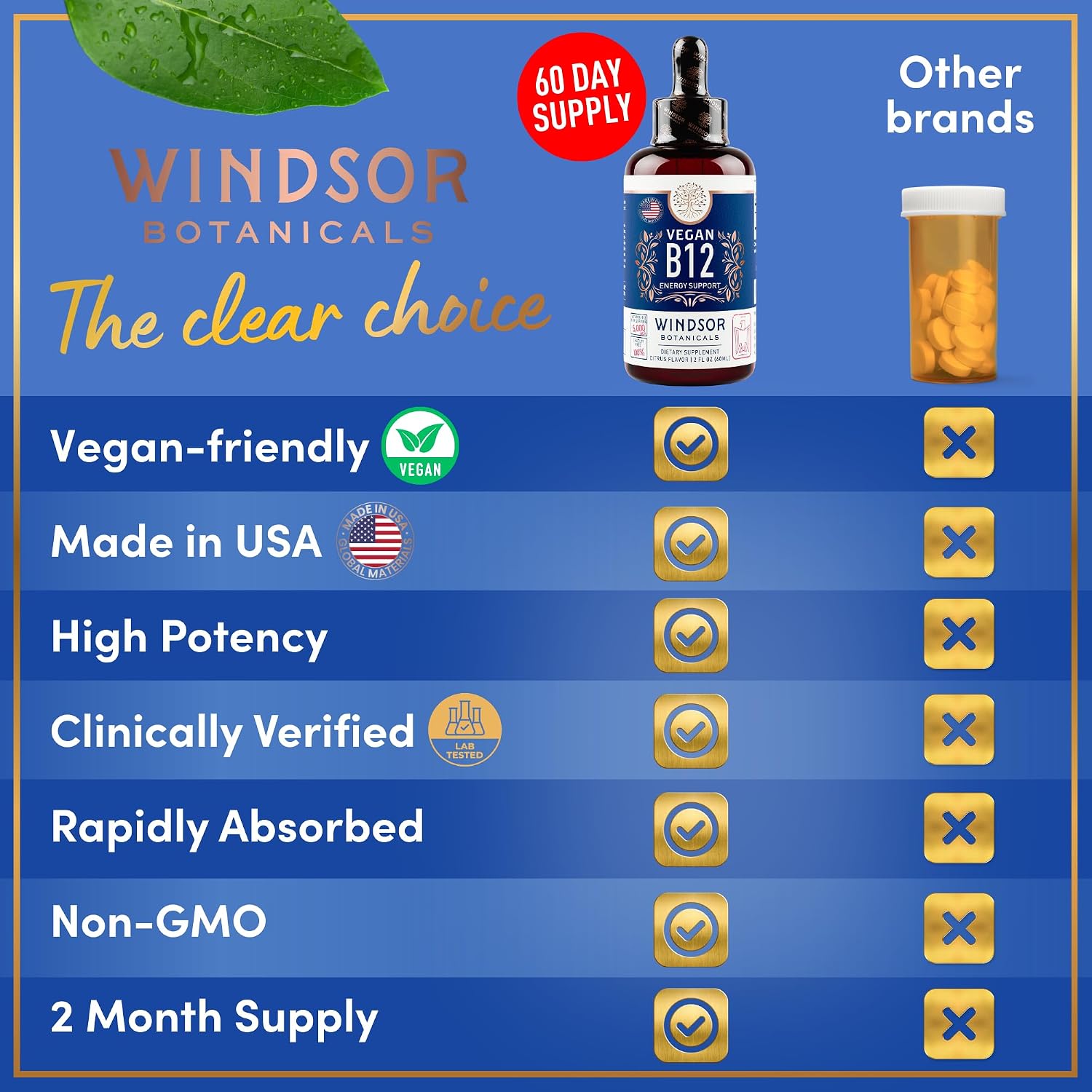 WINDSOR BOTANICALS Vitamina B12 Líquida Vegana - Metilcobalamina 5000 mcg - Gotas Sublinguales de Absorción Rápida - Sabor Cítrico, 60 ml