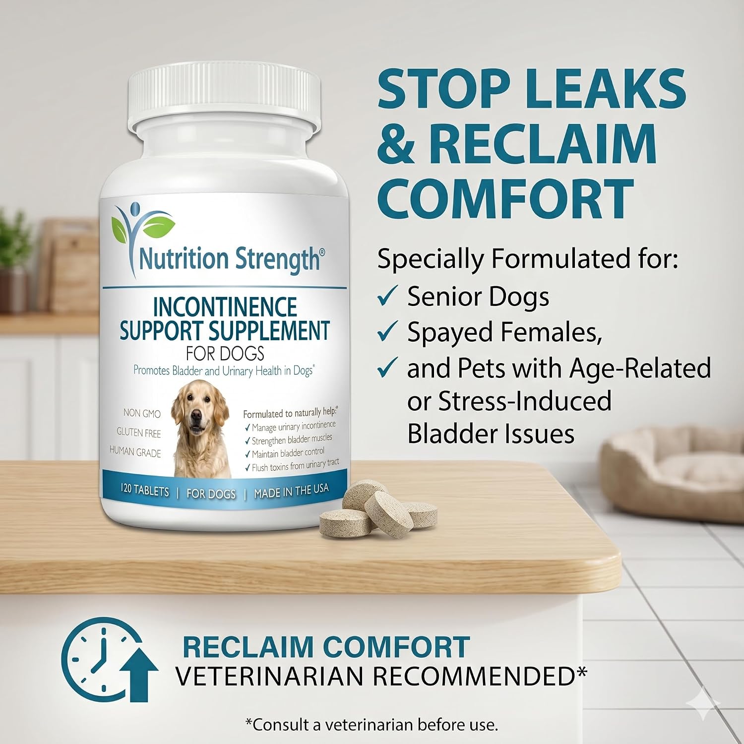 Nutrition Strength Suplemento para la Incontinencia en Perros, Apoyo Orgánico para el Control de la Vejiga, 120 Comprimidos Masticables