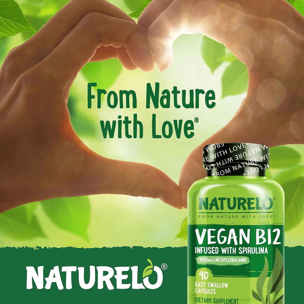 NATURELO Vitamina B12 Vegana - Metilcobalamina 1000 mcg con Espirulina Orgánica - 90 Cápsulas (Pack de 2)