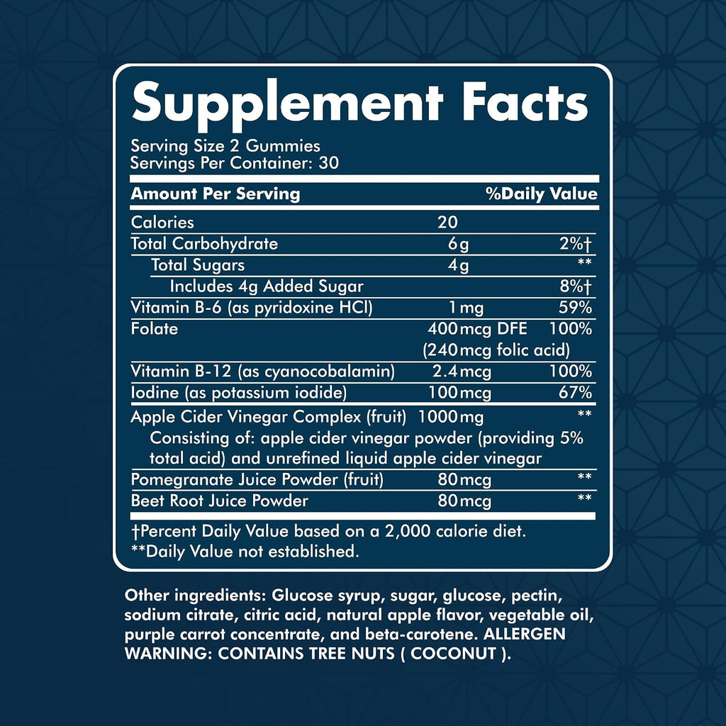 Gominolas de Vinagre de Manzana NUU3 con Folato, Yodo, Granada, Remolacha, Vitaminas B6 y B12 - 60 Unidades
