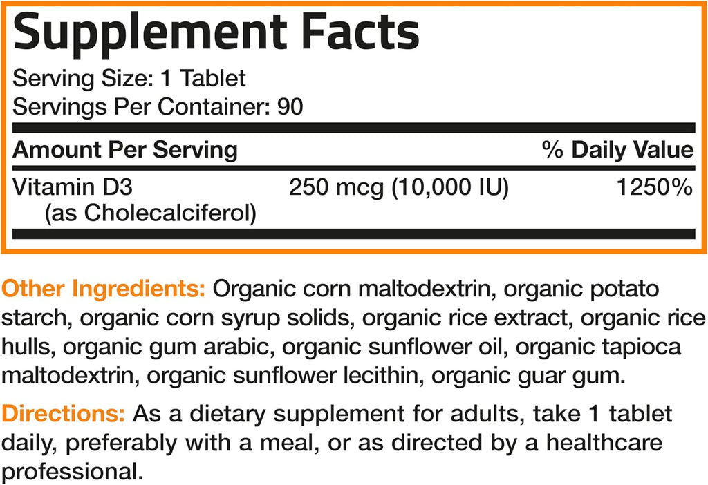 Bronson Vitamina D3 10,000 UI Suplemento Orgánico No-GMO, 90 Comprimidos