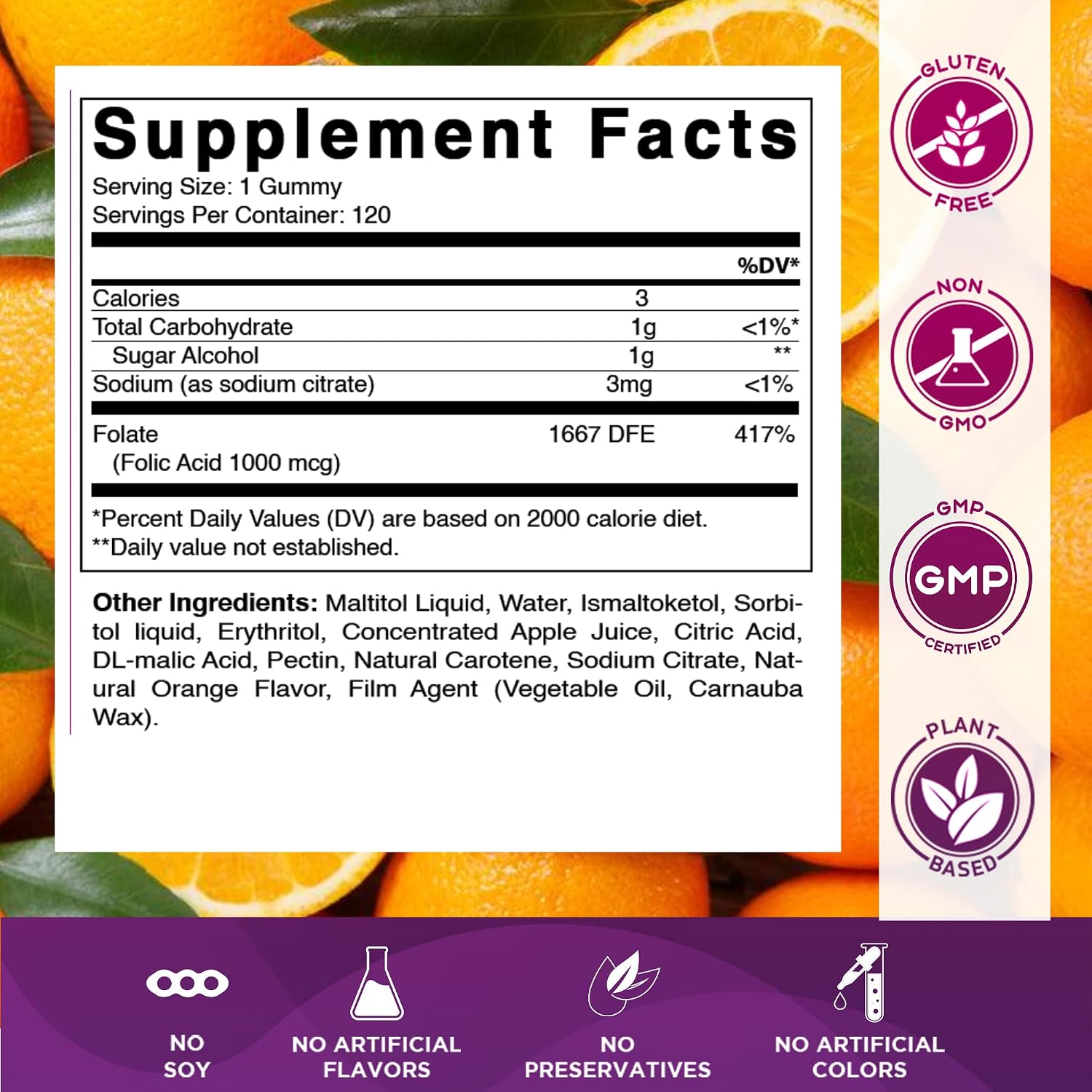 Vitamatic Ácido Fólico Gominolas 1000 mcg (1 mg) – Vitamina B9 (1667 mcg DFE) – Sin Azúcar – Sabor Naranja Natural – Vegano – 120 Gominolas