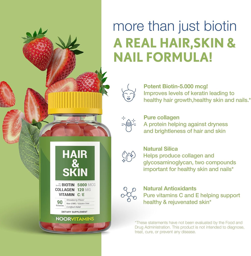 Noor Vitamins Gominolas de Biotina, Colágeno y Sílice para Cabello, Piel y Uñas - 90 Gominolas