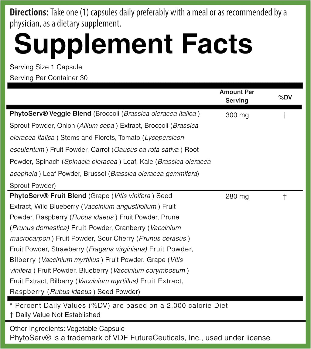 PURE® Greens & Reds Cápsulas - 30 Servicios - 9 Raciones Diarias de Frutas y Verduras en 1 Cápsula - Mezcla de Superalimentos PhytoServ® con Brócoli, Kale y Bayas - Escudo Fitonutriente de Base Vegetal