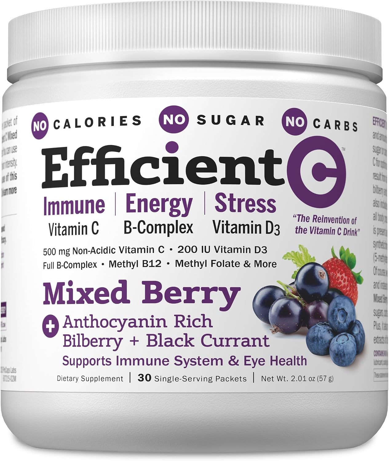 ANDREW LESSMAN Efficient C Mixed Berry - 30 Sobres - Bebida de Vitamina C Sin Ácido, Sin Azúcar, Sin Calorías - Apoyo Inmunológico, Energía y Salud Ocular